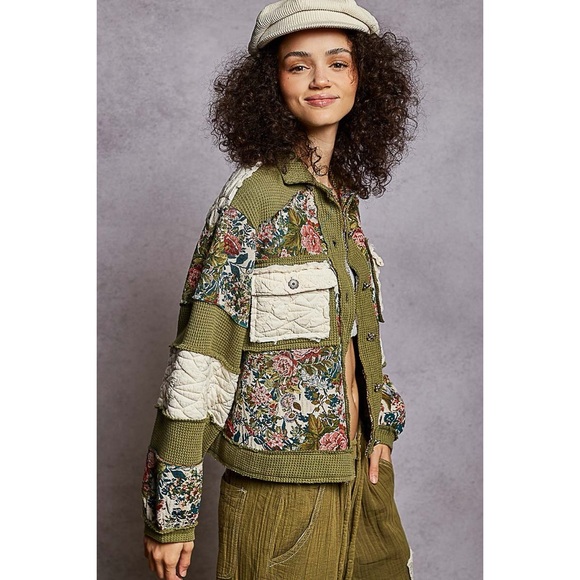 NEW POL Olive Cream Quilted Floral Patchwork Jacket Boho Cottagecore Size Large - Picture 2 of 4